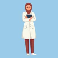 Muslim Doctors in white coats. Flat illustration on blue background. vector