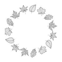 Hand-Drawn Autumn Leaf Wreath Outline. Botanical Fall Circle Frame for Coloring, Cards, and Invitations vector