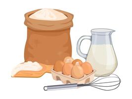 Flour, eggs, milk, and whisk vector