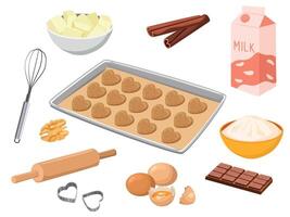 set of baking ingredients for making cookies. Products and kitchen tools for cooking baking recipes. Cartoon illustration vector