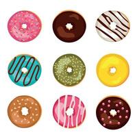 Set of donuts with different toppings, doughnut pastry dessert food set. Top view delicious sweet desserts donut with chocolate glaze. Cartoon illustration vector