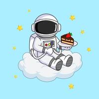 Cute Astronaut in Space Enjoying Cake on a Cloud Illustration Cartoon Design vector