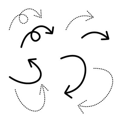 Hand Drawn Arrow Set with Curved, Dotted, Spiral Sketch Arrows for Infographic and UI Design