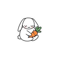 An icon of a cute white cartoon rabbit happily eating a carrot, symbolizing healthy eating, innocence, and a love for vegetables. vector