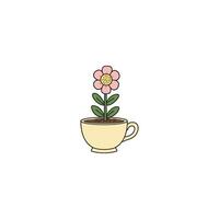 An icon of a pink flower with green leaves in a light yellow teacup, symbolizing delicate growth, unique planting, and charming home decor. vector