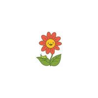 An icon of a red flower with a smiling face and a grasshopper near its base, symbolizing vitality, summer, and the lively sounds of nature. vector