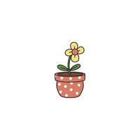 An icon of a yellow and red flower with green leaves in a red pot with white polka dots, symbolizing playful design, classic patterns, and cheerful garden aesthetics. vector