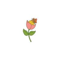 An icon of a pink tulip-shaped flower with a smiling face and a butterfly resting on its top, symbolizing beauty, transformation, and delicate nature. vector