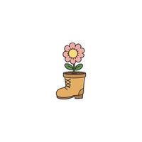 An icon of a pink flower with green leaves emerging from a brown boot, symbolizing unconventional planting, rustic charm, and repurposing everyday items for gardening. vector