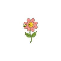 An icon of a pink flower with a smiling face and a small bee on its petal, symbolizing pollination, nature's harmony, and a cheerful garden scene. vector