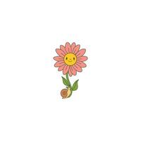 An icon of a pink flower with a smiling face and a snail on its stem, emphasizing a different perspective of the snail's journey on the flower. vector