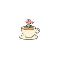An icon of a small pink flower with green leaves emerging from a white teacup on a saucer, symbolizing gentleness, natural infusion, and a touch of floral elegance in everyday items. vector