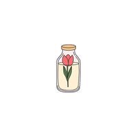 An icon of a red tulip with green leaves in a glass milk bottle, symbolizing freshness, spring, and a cheerful, wholesome display. vector