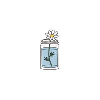 An icon of a white daisy with a yellow center and green leaves in a clear mason jar filled with blue liquid, symbolizing simplicity, freshness, rustic charm, and natural beauty. vector