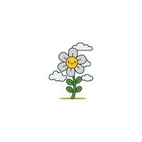 An icon of a light gray flower with clouds around it and a pensive face, symbolizing cloudy weather, calm days, and perhaps a moment of contemplation. vector