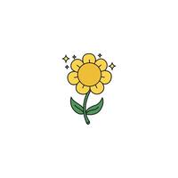 An icon of a yellow flower with a smiling face and four sparkles around it, symbolizing joy, radiance, happiness, and a glowing presence. vector
