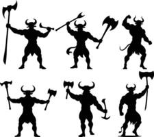 minotaur warrior set wielding weapons in dynamic poses mythological creature silhouettes ideal for fantasy art role playing games and heroic narratives vector