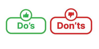 do's and don'ts icon. to do and not to do symbol for guidelines and rules list. buttons with thumbs up and thumbs down sign. vector