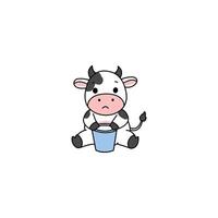 An icon of a cute cartoon calf sitting next to a blue bucket, symbolizing farm chores, simplicity, and rustic life. vector