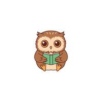 An icon of a cute cartoon owl sitting and reading an open book, symbolizing intelligence, learning, and a love for knowledge. vector