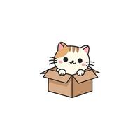 An icon of a white and orange striped cartoon cat peeking out of a cardboard box, symbolizing curiosity, playfulness, and comfort in small spaces. vector