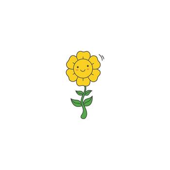 An icon of a yellow flower character with a serene smile and calm demeanor, representing peacefulness, contentment, and a gentle presence. vector