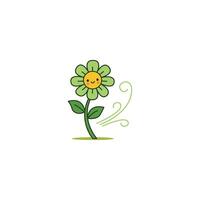 An icon of a green flower with wind gusts swirling around its stem and a slightly worried face, symbolizing windy weather and resilience against the elements. vector