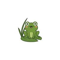 An icon of a cute cartoon frog with big eyes, sitting on a lily pad with reeds, symbolizing its natural wetland habitat and peacefulness. vector