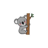 An icon of a cute cartoon koala character with one arm wrapped around a tree trunk and another reaching for a leaf, symbolizing climbing, activity, and foraging. vector