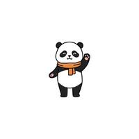 An icon of a cute cartoon panda standing and waving, wearing an orange scarf, symbolizing a friendly greeting and a touch of warmth or fashion. vector