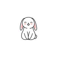 An icon of a cute white cartoon rabbit sitting with its ears slightly lowered and a bashful expression, suggesting shyness, modesty, or innocence. vector