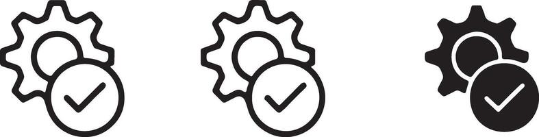 Settings Gear with Check Mark Icon in Three Styles vector