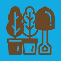 Potted Trees and Garden Shovel Icon on Blue Background vector