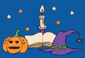 A composition of a magic book, a smiling pumpkin and a candle in a candlestick vector