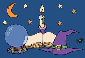 A composition of a magic book, crystal ball, a hat and a candle in a candlestick vector