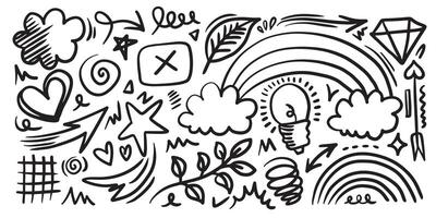 Cute kid scribble doodle icons set. Hand drawn childish funny simple illustrations. leaves, heart, rainbow, cloud children draw style design vector