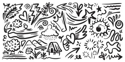 Hand drawn doodle design elements. crown, cloud, Arrow, heart, emphasis, star, leaves and other. EPS 10 vector