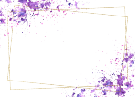 Gold frame with watercolor purple stains spotted background. Banner or card rectangular template. Hand painted isosolated illustration. Abstract lilac, pink and violet brush stroke with space for text png