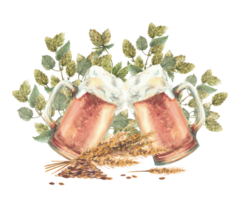 Beer mugs making cheers with ears and grains of malt and branches of hops. Hand drawn watercolor two glasses of light beer toasting. Isolated from background clipart for natural brewery, bar, pub menu png