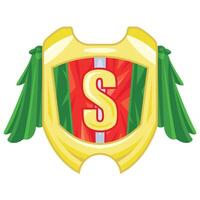 Heraldry design template. Knight's shield with a red and green flag, S letter and green drapery on the sides. Golden shield icon, cartoon style vector