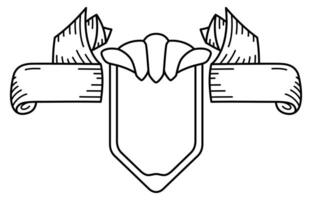 Knight's shield with ribbon on the sides. Line icon in heraldic style. Security protection emblem empty banner. Black and white outline of the icon vector