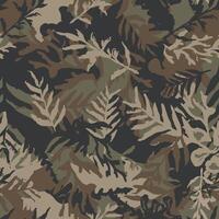 Hand drawn camo with leaf, seamless pattern. Grunge branches and herbs khaki green camouflage background. Distressed texture wallpaper. Fabric design vector