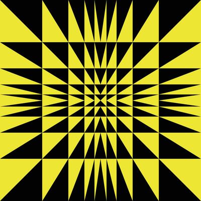 Geometric black and yellow pattern, op art graphics, illusion style, plane and membrane perspective. Cover square design. Contrast triangular texture. Psychedelic background