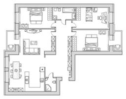 Architectural set of furniture. Design elements for floor plan, premises. Thin lines icons of home equipment, tables, sofa, flowers in top view. Standard size. vector