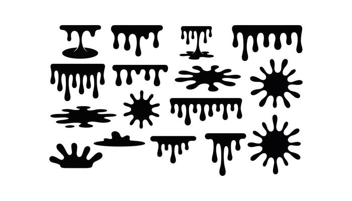 Set of Dripping and Splash Ink Shapes Paint Splatter and Liquid Drop Silhouettes