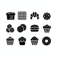 Set of Bakery and Pastry Icons Bread, Muffins, Cookies, Donuts, Waffles, and Croissants in Black Silhouette Style vector