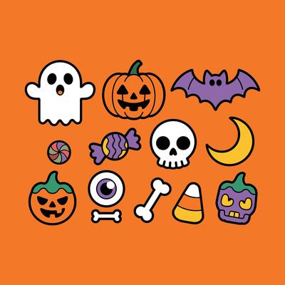 Colorful Halloween Icon Set with Ghost, Pumpkin, Bat, Skull, Candy, and Moon in Fun Cartoon Style for Seasonal Decor and Designs.