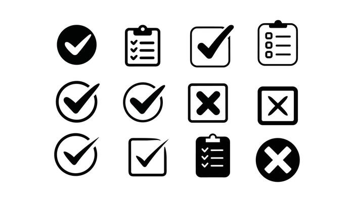 Set of Check Mark and Cross Icons with Clipboard Symbols Confirm and Cancel Icons Collection.