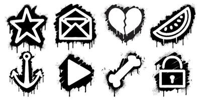 Graffiti Style Black and White Icon Set with Dripping Spray Paint Effect. The icons include a star, envelope, broken heart, watermelon slice, anchor, play button, bone, and padlock. vector