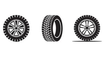 Set of three black and white icons representing car tires and wheels vector